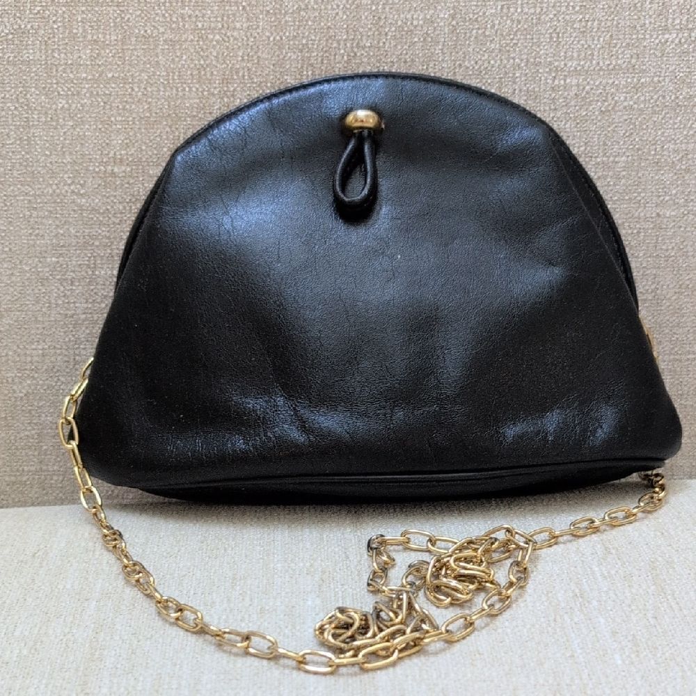 Elegant Vintage Rosenfeld Black Leather Shoulder Bag Gold Chain Link Strap